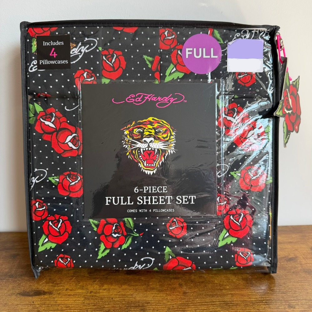 New Ed Hardy Full 6 Pc Double Brushed Sheet Set Black Red Roses White Dots Y2K